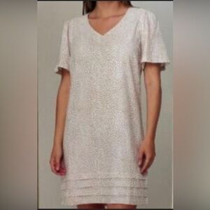 Original by Nicole Miller Linen Blend Short Sleeve Shift Dress Size L white/Tan